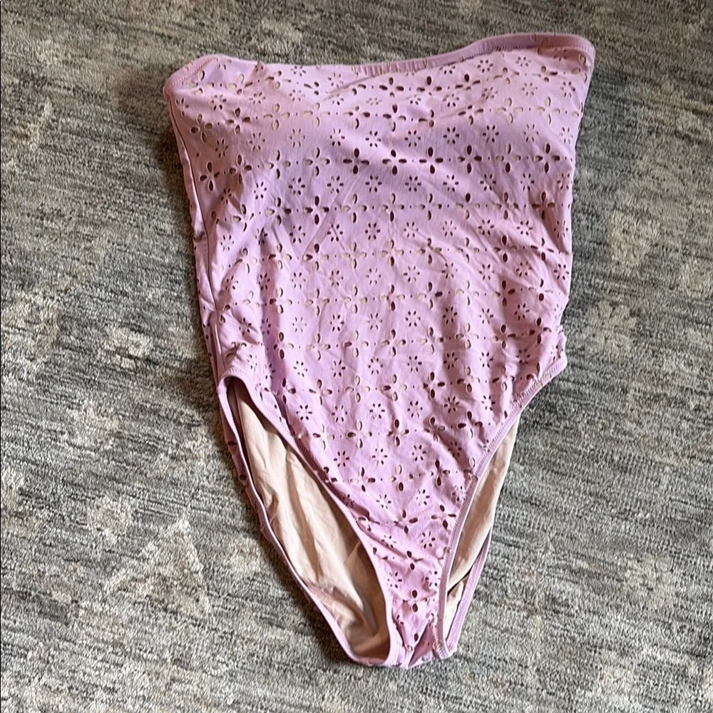 J. Crew Purple One Piece swim suit - cutout floral design - strapless - medium